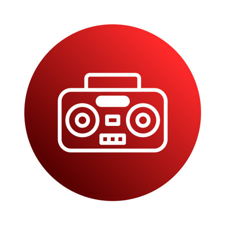 This image features a white line drawing of a retro boombox or portable stereo on a red gradient circle. Perfect for music or vintage themes.のイラスト素材