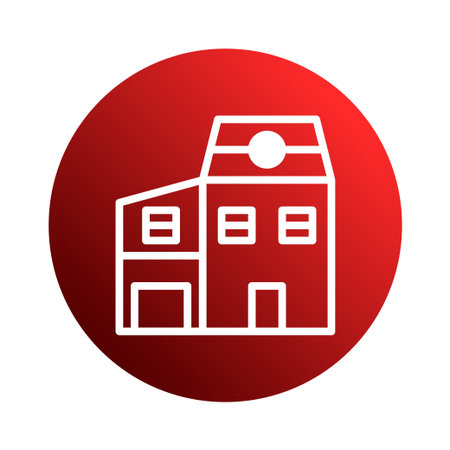 A minimalistic illustration features a stylized building outline inside a red circle, symbolizing urban architecture and construction.のイラスト素材