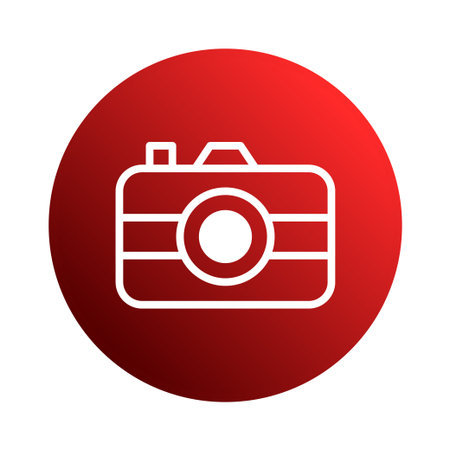 A minimalist graphic illustration of a white camera outline centered on a solid red circle, perfect for photography or design projects.のイラスト素材