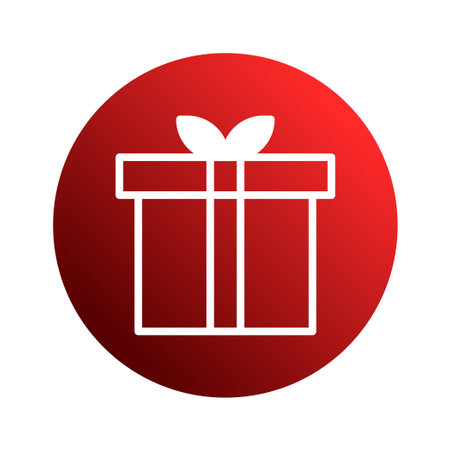 A minimalist gift box icon is centered on a vibrant red circle. Perfect for holiday-themed designs, greeting cards, and promotional materials.のイラスト素材