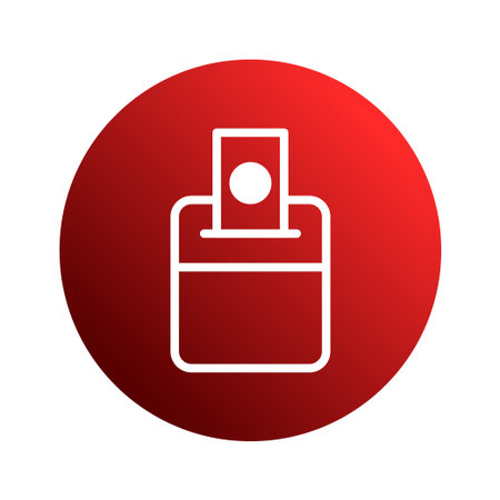 A minimalist illustration of a voting box set against a vibrant red gradient circle, symbolizing the act of voting and democratic participation. It is design to represent elections and civic responsibilities.のイラスト素材