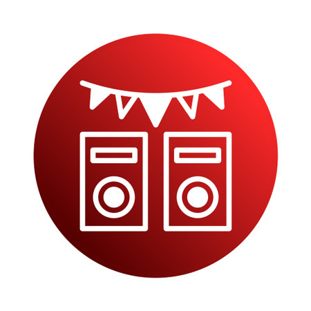 A festive icon showcasing loudspeakers and bunting flags on a red circular backdrop, ideal for events, celebrations, and promotional materials.のイラスト素材