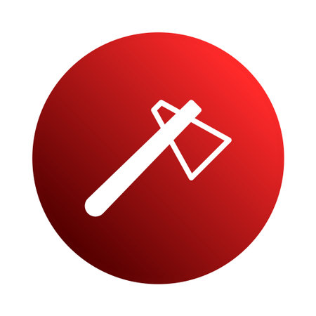 A minimalist illustration of an axe icon in white, centered in a bold red circle, creating a simple yet striking visual.のイラスト素材