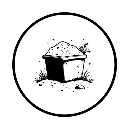 A minimal illustration depicts a pot overflowing with sand, accented by tufts of grass, enclosed within a black circle, creating a simple and natural design.のイラスト素材