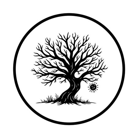 Monochrome vector art showcasing a tree affected by a virus cell, symbolizing environmental damage and the decline of nature, enclosed within a circle.のイラスト素材