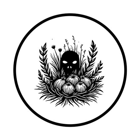 Artistic black and white illustration featuring a skull surrounded by pumpkins and foliage within a circle frame. A graphic element suitable for Halloween designs.のイラスト素材
