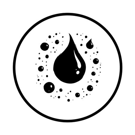 A minimalist black and white illustration features a prominent water droplet encircled by smaller particles, encapsulated within a clean round frame. This design conveys concepts of purity and clarity.のイラスト素材