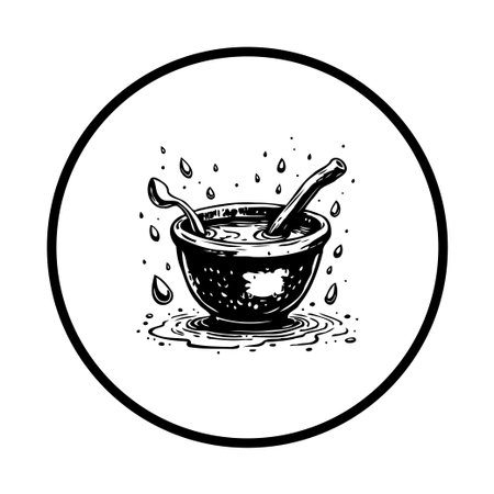 A detailed black and white illustration depicts a steaming bowl with a spoon and stick, ideal for kitchen and cooking themes. The art style is reminiscent of vintage sketches.のイラスト素材