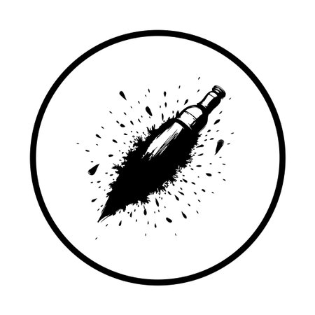 A minimalist design features a stylized beer bottle with an explosion of black ink inside a circular frame. Its artistic and decorative, ideal for use as a graphic element or emblem.のイラスト素材