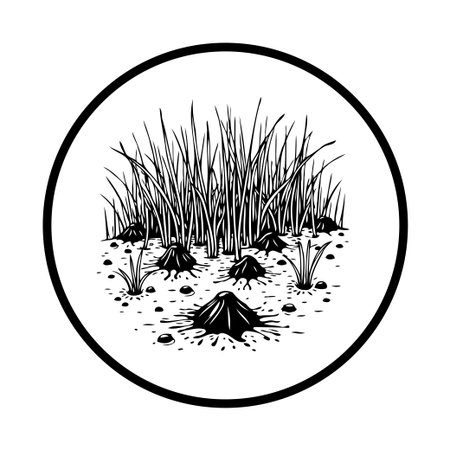 Black and white illustration features grass and ground within a circle, ideal for nature-themed icons or graphic design elements. Representing an ecological and simple design.のイラスト素材