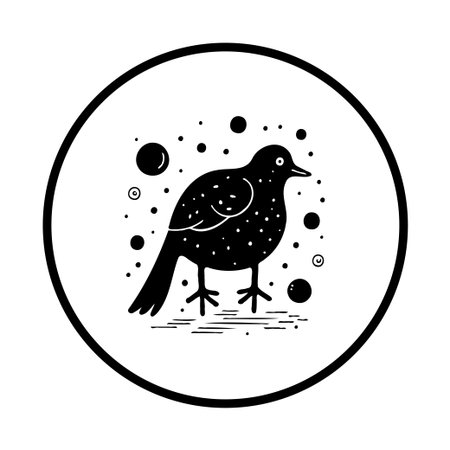 A simple yet elegant black and white illustration featuring a speckled bird, presented within a circular frame. This charming design adds a touch of whimsy to any project.のイラスト素材