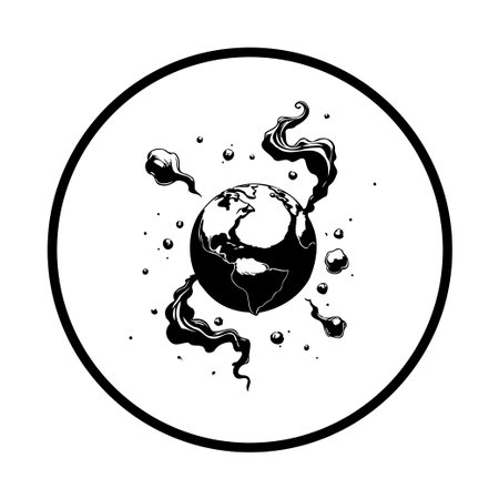A black and white abstract image depicting the Earth surrounded by smoke and spheres, symbolizing environmental challenges and the urgent need for global awareness and action.のイラスト素材