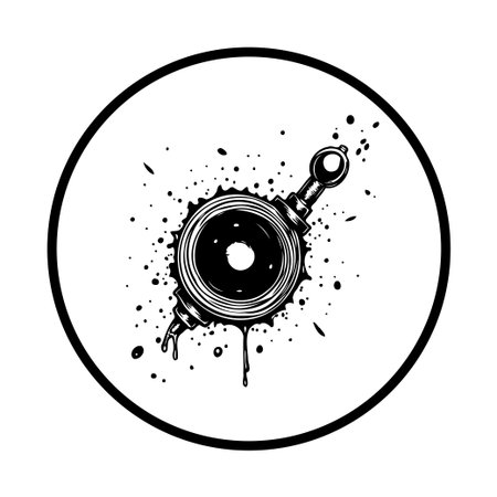 A monochrome drawing of a stylized camera lens surrounded by ink splashes creates an abstract and modern visual. Suitable for photography or design-related themes.のイラスト素材