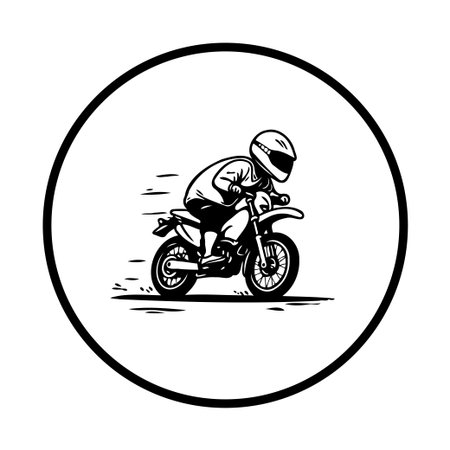 This image showcases a black and white drawing of a motorcyclist within a circle, conveying speed and adventure. Perfect for themes related to motorcycles, sports, or graphic designs.のイラスト素材