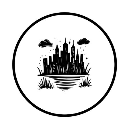 This black and white illustration features a city skyline silhouette reflected on water, conveying a modern urban landscape in a simplistic design.のイラスト素材
