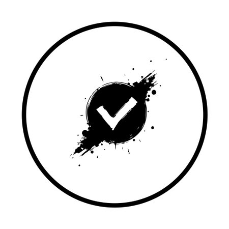A black and white graphic features a stylized check mark icon inside a circle, representing approval or selection, set against a clear white backdrop.のイラスト素材