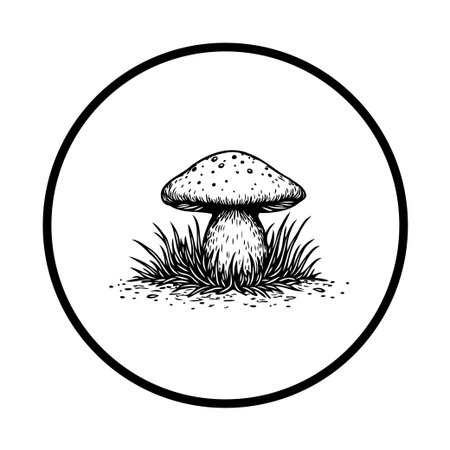A black and white line art illustration features a mushroom surrounded by grass, framed in a circle. The style is reminiscent of vintage botanical drawings.のイラスト素材