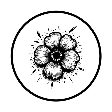 A detailed black and white illustration showcasing a blooming flower within a circular frame. Perfect for designs seeking a touch of nature, elegance, and artistic detail.のイラスト素材