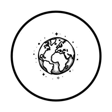 A minimalist black and white drawing of planet earth inside a circle, surrounded by stars, conveying themes of environment and global connection.のイラスト素材
