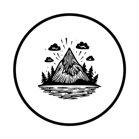 A minimalist black and white illustration captures a majestic mountain peak surrounded by trees and clouds, encircled within a frame offering a sense of serenity and natural beauty.のイラスト素材