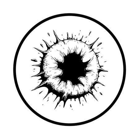 A stylized black and white illustration depicting a black hole with jagged edges and a grunge texture inside a circle. It evokes a sense of cosmic mystery.のイラスト素材