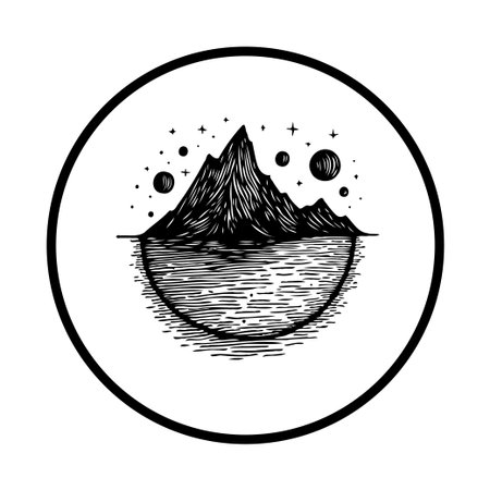 A captivating black and white illustration featuring majestic mountains reflected in water, adorned with planets and stars within a clean circular frame. Perfect for nature-themed designs.のイラスト素材