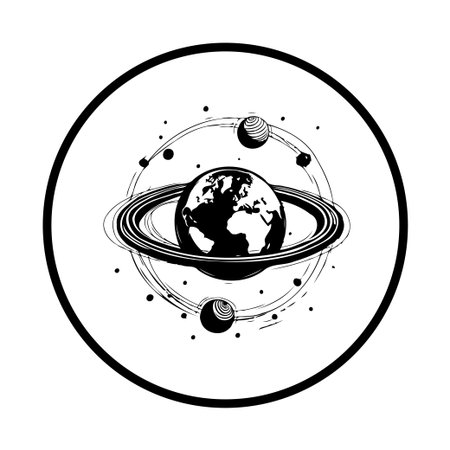 An abstract illustration featuring earth with a ring system and other planets in a cosmic design. Perfect for use in science, astrology, or space-themed projects.のイラスト素材