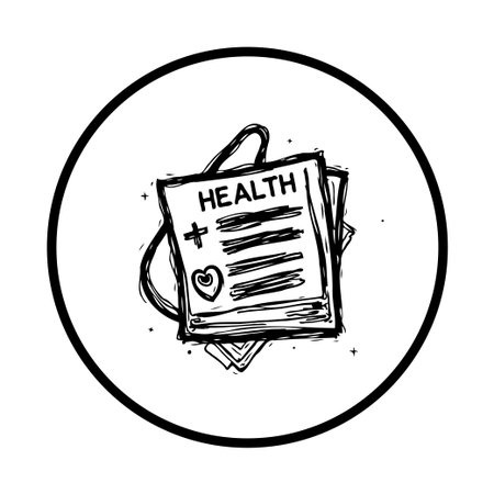 Medical record icon representing healthcare, wellness, and insurance. A sketch style illustration of a medical document with a heart and plus sign.のイラスト素材