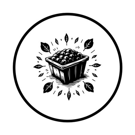 A monochrome illustration depicts a square basket filled with berries, surrounded by scattered leaves, highlighting freshness and natural harvest.のイラスト素材