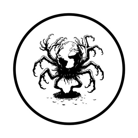 A symbolic depiction of a spider like figure clutching the earth, representing environmental destruction and the looming threat to our planet. This artistic illustration evokes a sense of danger and urgency.のイラスト素材