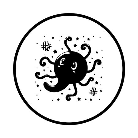 This image showcases a cute cartoon octopus inside a circle frame, decorated with stars and abstract symbols. The octopus is adorable and perfect for various creative projects.のイラスト素材
