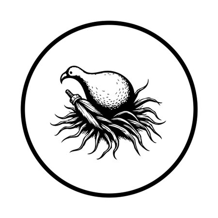 An elegant black and white illustration depicts a dove perched in a nest. Symbolizing peace, hope, and new beginnings in a circular frame.のイラスト素材
