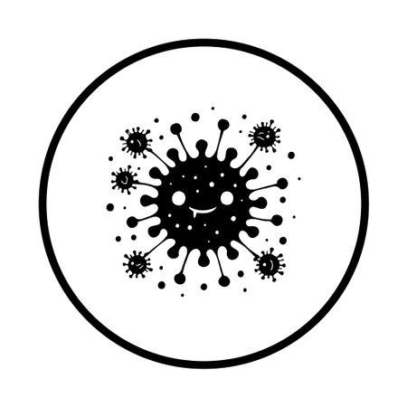 A cartoon microbe illustration features a cute, smiling face encased within a circular design. The illustration could be used for health awareness, educational, or creative projects.のイラスト素材