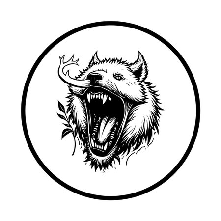 A detailed monochrome illustration of a howling wolf within a circle, evoking primal energy and...