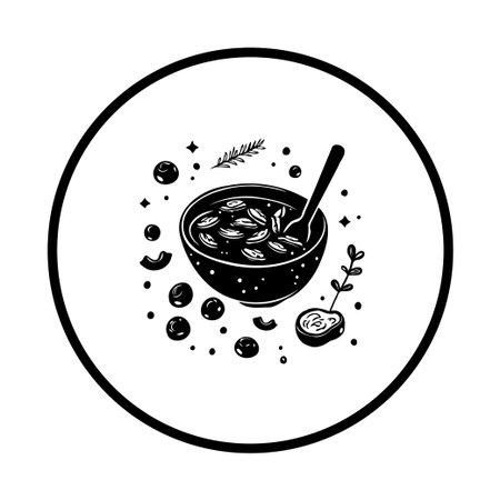 A minimalist black and white illustration of a bowl of olive soup with a spoon, surrounded by olives and herbs. Perfect for culinary or food-related designs.のイラスト素材