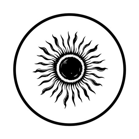 A stylized illustration of the sun, resembling ancient astronomical symbols, embodies cosmological concepts, astrological themes, and mystic meanings. Black and white vector drawing.のイラスト素材