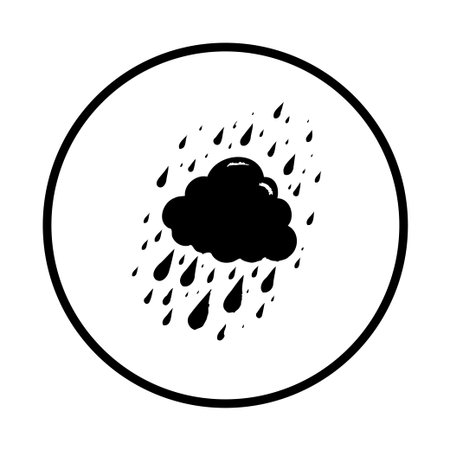 Vector illustration of a cloud with raindrops falling from it, simple black and white design for weather forecasts, nature concepts, and minimalist artwork.のイラスト素材