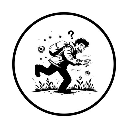 A cartoon depiction features a character running away with a bag, a question mark above his head, symbolizing uncertainty and the unknown elements present during the escape.のイラスト素材