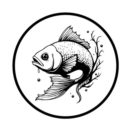 Monochrome illustration of a koi fish inside a circle, symbolizing luck, prosperity, and perseverance in asian culture, its sleek design and elegant simplicity capture the beauty of aquatic wildlife.のイラスト素材
