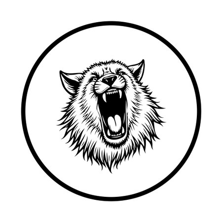 Detailed black and white vector illustration of a wolf head roaring, set inside a circle. This graphic representation showcases the wild and fierce nature of the animal.のイラスト素材