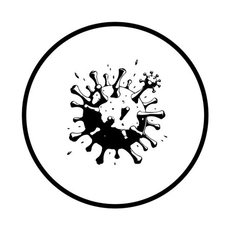 This black and white illustration depicts a coronavirus molecule with distinct spike proteins, set within a circular frame. It represents the pandemic and global health crisis.のイラスト素材