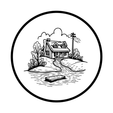 Vintage hand-drawn illustration of a house on a hill with a pond. Great for posters, wall decor, or any vintage-themed project.のイラスト素材