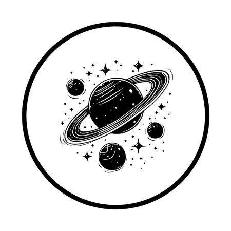 This is a black and white illustration of Saturn surrounded by other planets and stars. The drawing style is graphic and slightly abstract, creating a dreamy and ethereal space theme.のイラスト素材