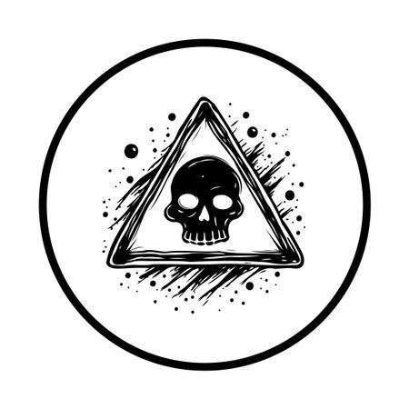 This image is a vector illustration of a skull inside a triangle, resembling a warning sign. It features splatters and is isolated on a white background.のイラスト素材