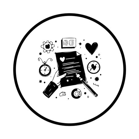 This illustration shows a creative creation process with a hand holding documents surrounded by symbols like hearts clocks and gears.のイラスト素材