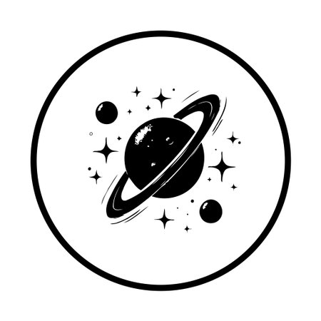 A vector illustration of a planet with rings surrounded by stars, enclosed within a circle. This design is perfect for space, science, and graphic design projects.のイラスト素材