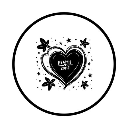 A minimalist illustration features a heart with the words 'health zone' in the center, surrounded by stars and leaves.のイラスト素材