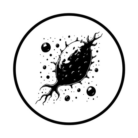 A black and white illustration displays a microscopic organism with cellular structures surrounded by particles. The design is enclosed in a circular frame, offering a stylized representation suitable for scientific contexts.のイラスト素材
