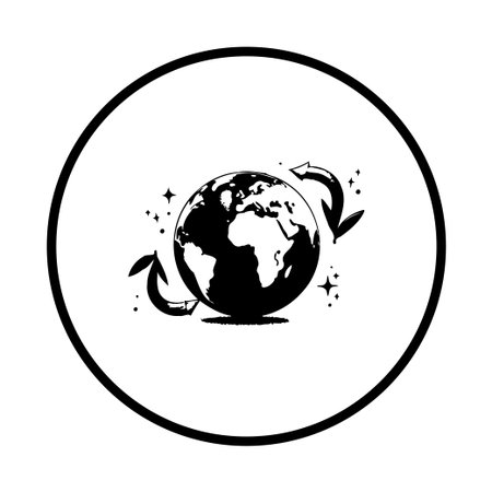 A black and white illustration featuring a globe with circular arrows, representing global...