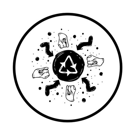 A hand-drawn vector illustration symbolizing circular economy and proper waste sorting, featuring hands pointing towards a central recycling symbol within a circular design.のイラスト素材